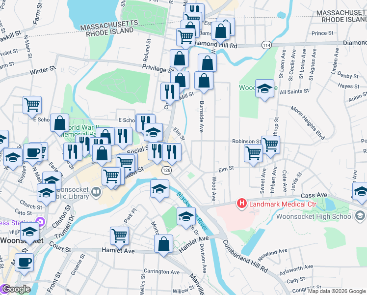 map of restaurants, bars, coffee shops, grocery stores, and more near 115 Elm Street in Woonsocket