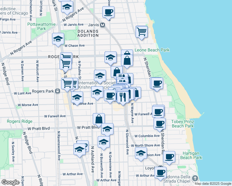 map of restaurants, bars, coffee shops, grocery stores, and more near 1433 West Lunt Avenue in Chicago