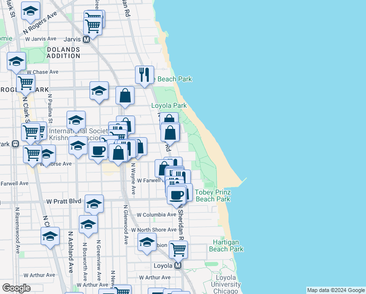 map of restaurants, bars, coffee shops, grocery stores, and more near 1111 West Lunt Avenue in Chicago