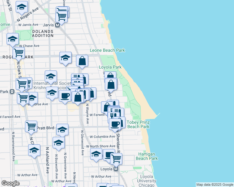 map of restaurants, bars, coffee shops, grocery stores, and more near 1147 West Lunt Avenue in Chicago