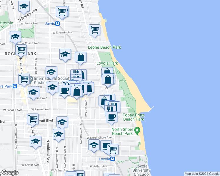 map of restaurants, bars, coffee shops, grocery stores, and more near 1147 West Lunt Avenue in Chicago