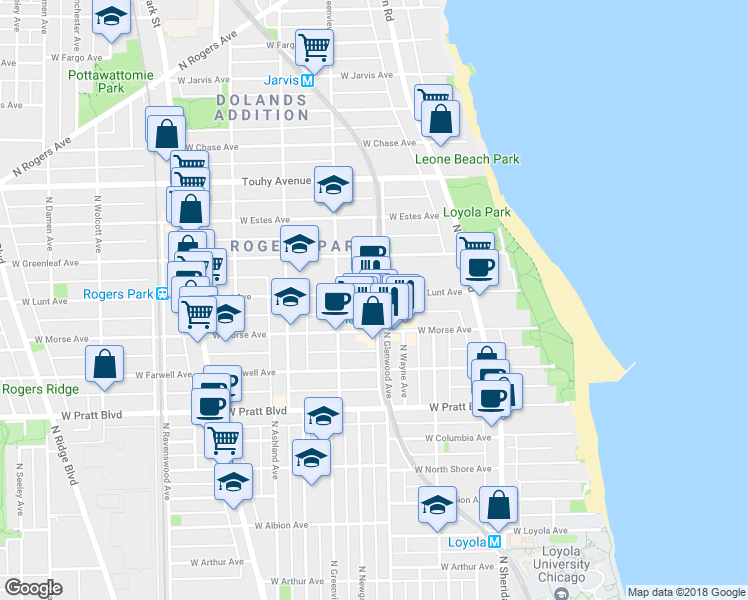 map of restaurants, bars, coffee shops, grocery stores, and more near 1409 West Lunt Avenue in Chicago