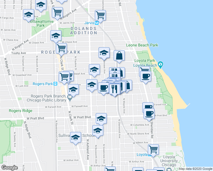 map of restaurants, bars, coffee shops, grocery stores, and more near 1445 West Lunt Avenue in Chicago