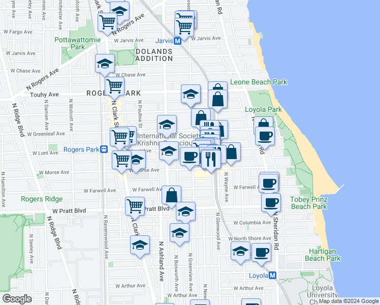 map of restaurants, bars, coffee shops, grocery stores, and more near 1445 West Lunt Avenue in Chicago
