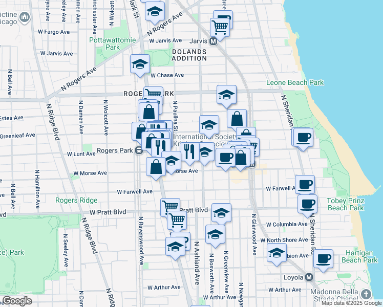 map of restaurants, bars, coffee shops, grocery stores, and more near 1605 West Lunt Avenue in Chicago