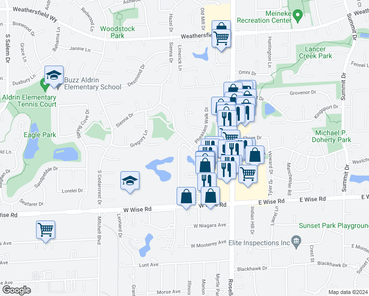 map of restaurants, bars, coffee shops, grocery stores, and more near 187 Pickwick Drive in Schaumburg