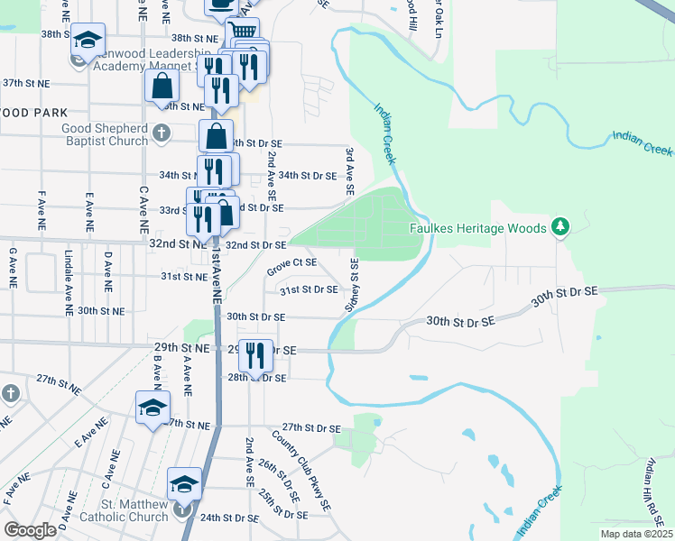 map of restaurants, bars, coffee shops, grocery stores, and more near 3124 Sidney Street Southeast in Cedar Rapids