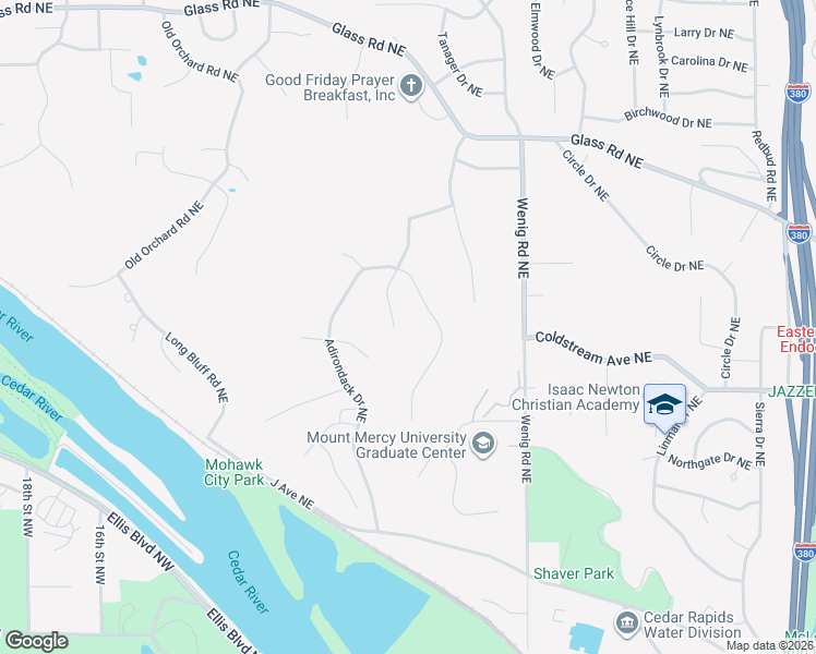 map of restaurants, bars, coffee shops, grocery stores, and more near 3105 Alleghany Drive Northeast in Cedar Rapids