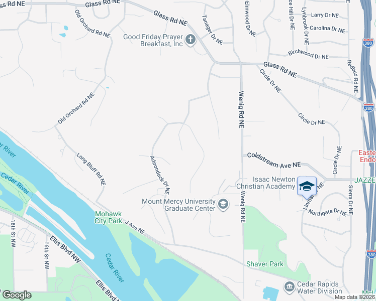map of restaurants, bars, coffee shops, grocery stores, and more near 3105 Alleghany Drive Northeast in Cedar Rapids
