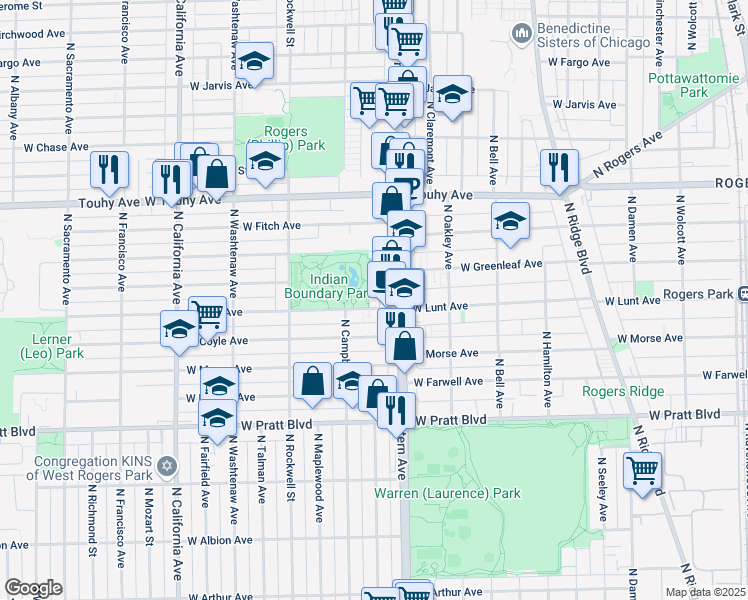 map of restaurants, bars, coffee shops, grocery stores, and more near 2428 West Lunt Avenue in Chicago