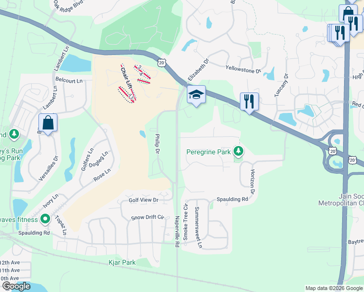 map of restaurants, bars, coffee shops, grocery stores, and more near 1338 Tamarack Drive in Bartlett