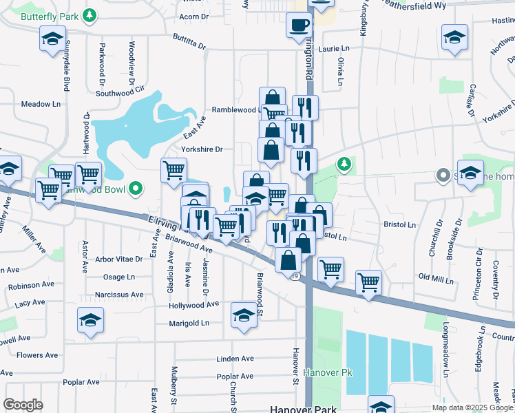 map of restaurants, bars, coffee shops, grocery stores, and more near 7630 Barrington Road in Hanover Park