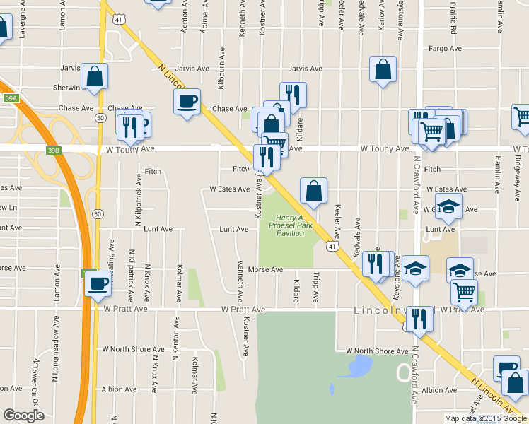 map of restaurants, bars, coffee shops, grocery stores, and more near 7031 North Kostner Avenue in Lincolnwood