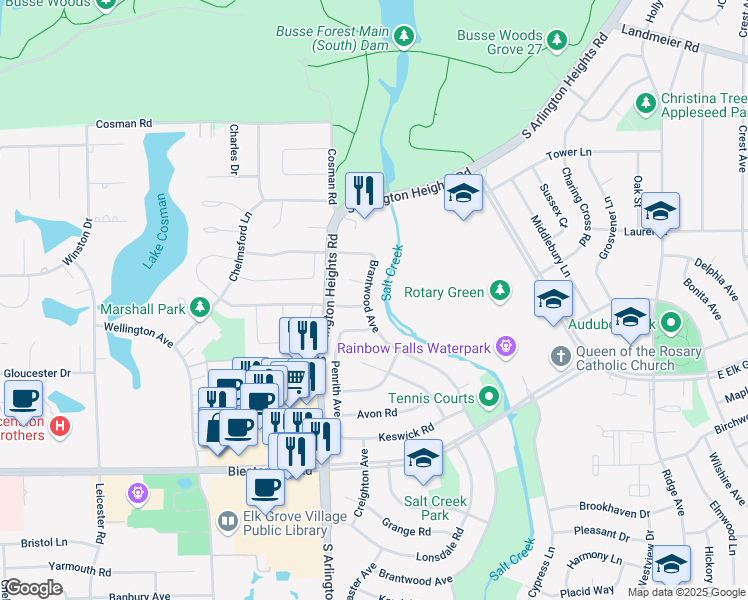 map of restaurants, bars, coffee shops, grocery stores, and more near 701 Brantwood Avenue in Elk Grove Village