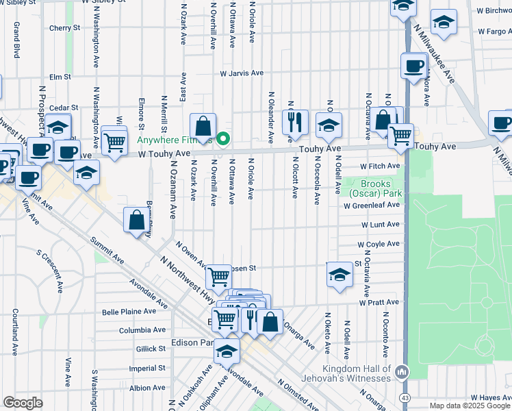 map of restaurants, bars, coffee shops, grocery stores, and more near 7037 North Oriole Avenue in Chicago