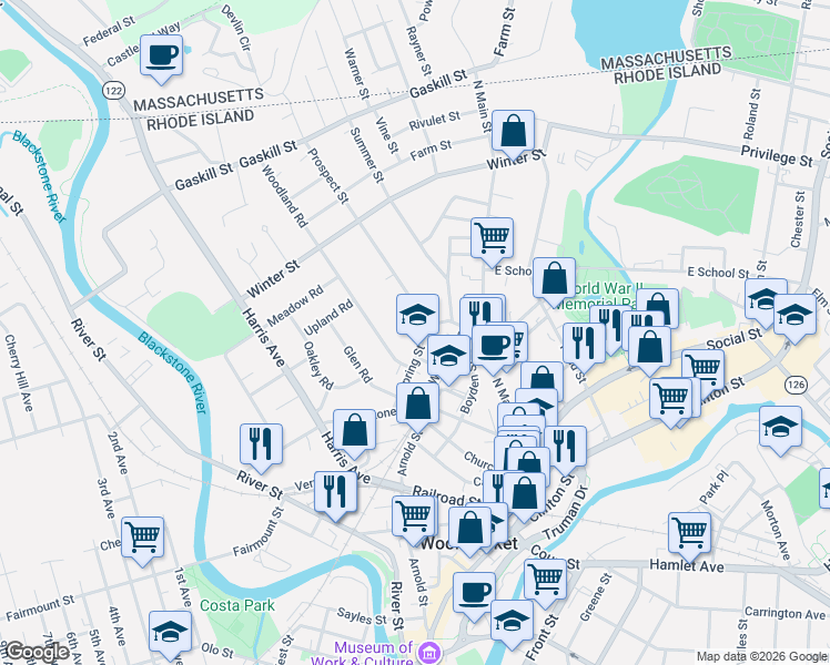 map of restaurants, bars, coffee shops, grocery stores, and more near 170 Spring Street in Woonsocket