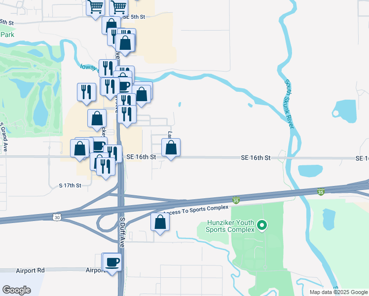 map of restaurants, bars, coffee shops, grocery stores, and more near 423-901 Southeast 16th Street in Ames