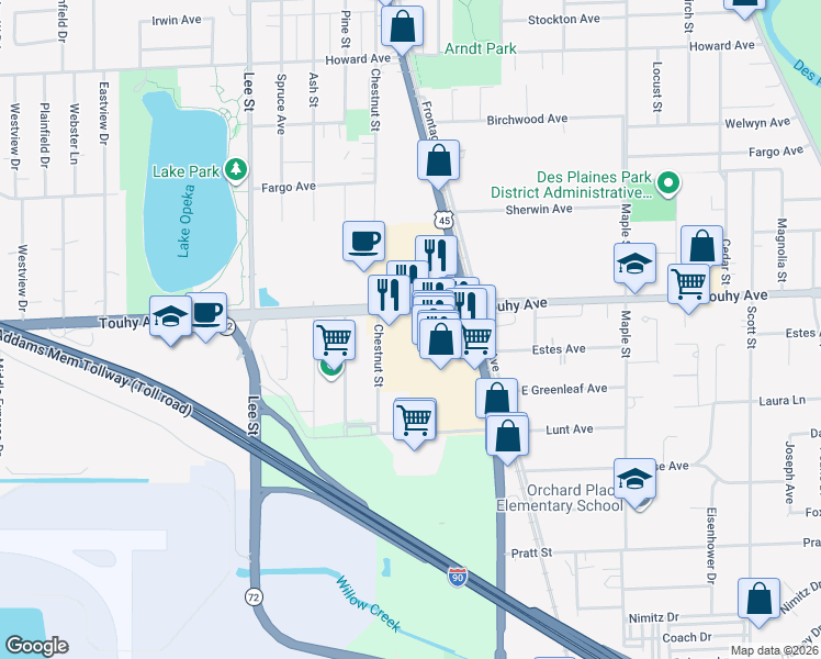 map of restaurants, bars, coffee shops, grocery stores, and more near 10427 West Touhy Avenue in Rosemont