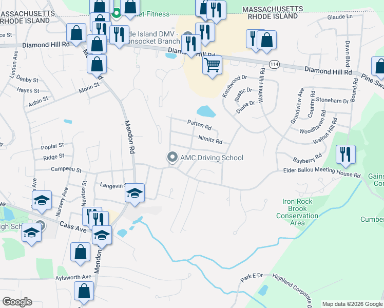 map of restaurants, bars, coffee shops, grocery stores, and more near 119 Marshall Road in Woonsocket