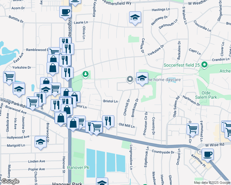 map of restaurants, bars, coffee shops, grocery stores, and more near 7642 Windsor Lane in Hanover Park