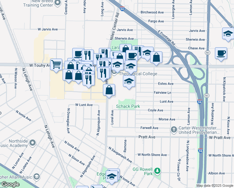 map of restaurants, bars, coffee shops, grocery stores, and more near 7017 Lorel Avenue in Skokie