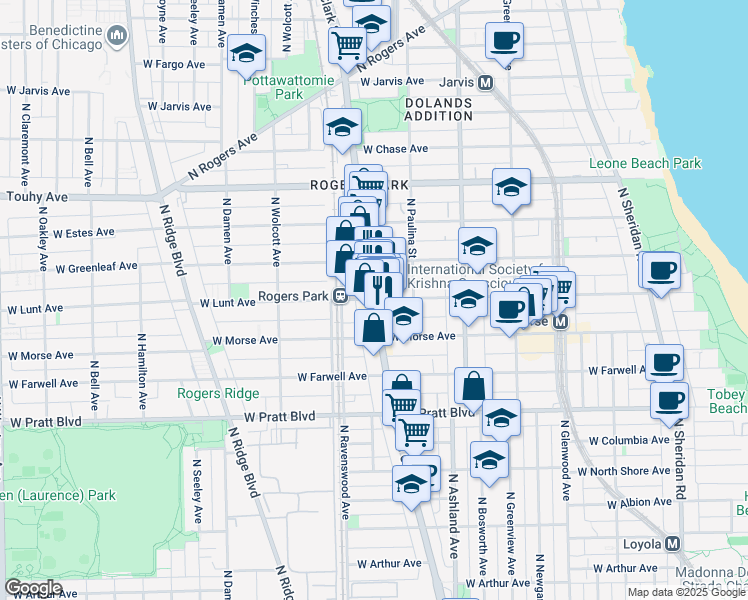 map of restaurants, bars, coffee shops, grocery stores, and more near N Clark St & W Lunt Ave in Chicago