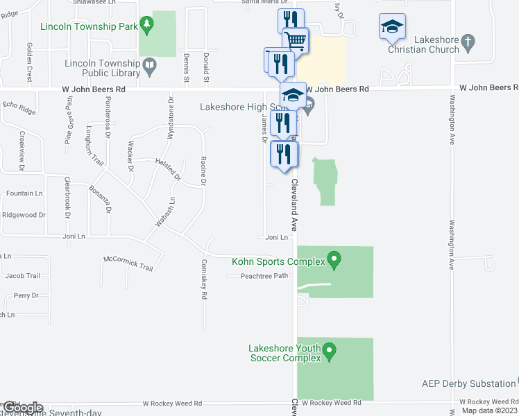 map of restaurants, bars, coffee shops, grocery stores, and more near 5992 James Drive in Stevensville