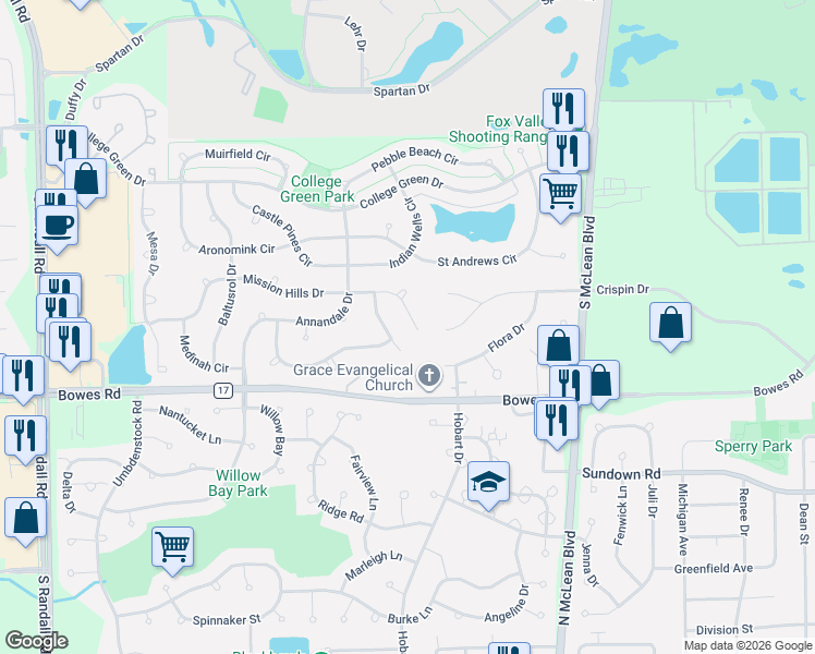 map of restaurants, bars, coffee shops, grocery stores, and more near 1750 Mission Hills Drive in Elgin