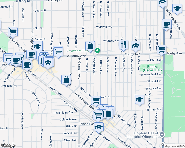 map of restaurants, bars, coffee shops, grocery stores, and more near 7038 North Overhill Avenue in Chicago