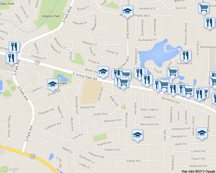 map of restaurants, bars, coffee shops, grocery stores, and more near 815 Irving Park Road in Streamwood