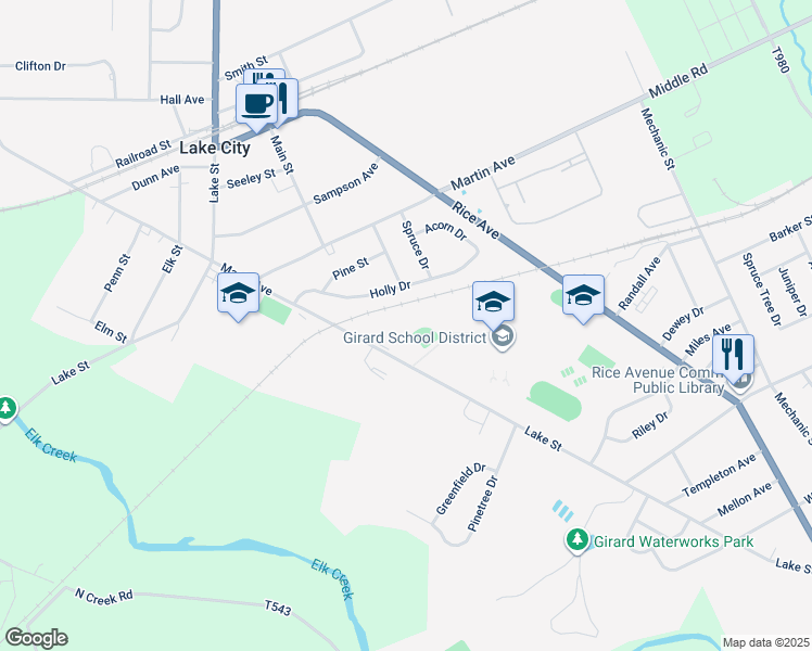 map of restaurants, bars, coffee shops, grocery stores, and more near 1423 Lake Street in Girard