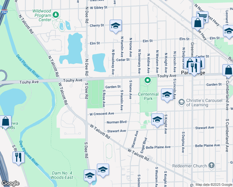 map of restaurants, bars, coffee shops, grocery stores, and more near 1900 Des Plaines Avenue in Park Ridge