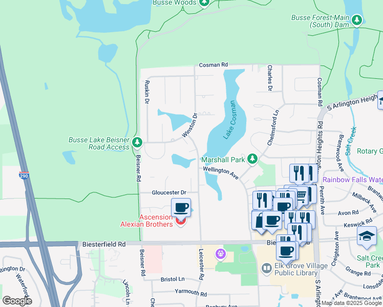 map of restaurants, bars, coffee shops, grocery stores, and more near 794 Leicester Road in Elk Grove Village