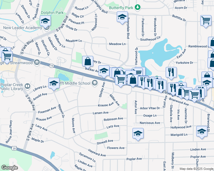map of restaurants, bars, coffee shops, grocery stores, and more near 815 Irving Park Road in Streamwood