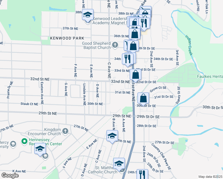 map of restaurants, bars, coffee shops, grocery stores, and more near 300 31st Street Northeast in Cedar Rapids