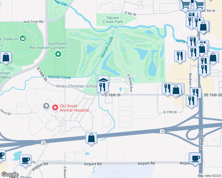 map of restaurants, bars, coffee shops, grocery stores, and more near 917 South 16th Street in Ames