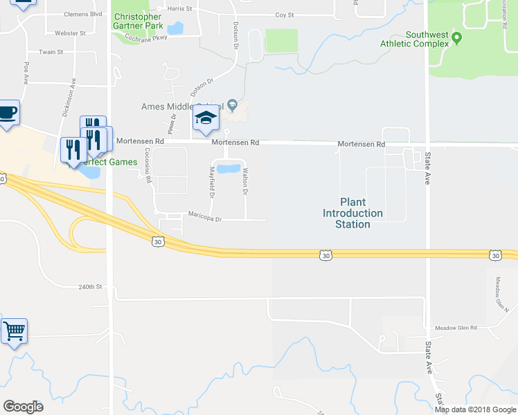 map of restaurants, bars, coffee shops, grocery stores, and more near 3911 Maricopa Drive in Ames