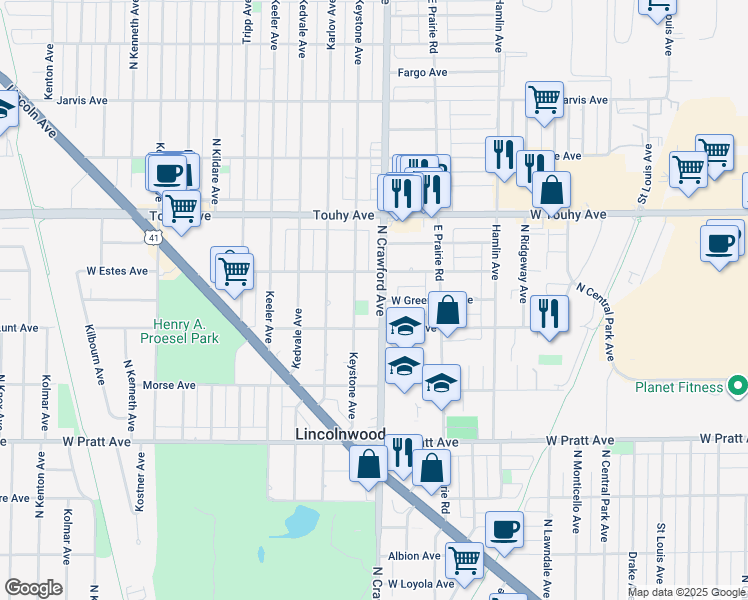 map of restaurants, bars, coffee shops, grocery stores, and more near 7030 North Crawford Avenue in Lincolnwood