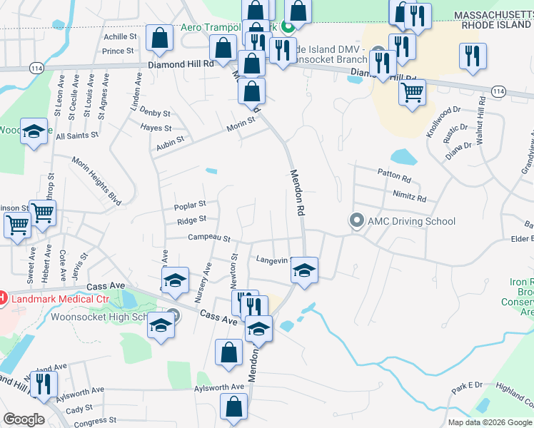map of restaurants, bars, coffee shops, grocery stores, and more near 152 Bourassa Ave in Woonsocket