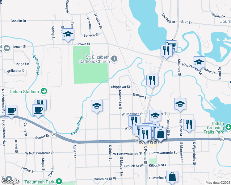 map of restaurants, bars, coffee shops, grocery stores, and more near 301 Bidwell Street in Tecumseh