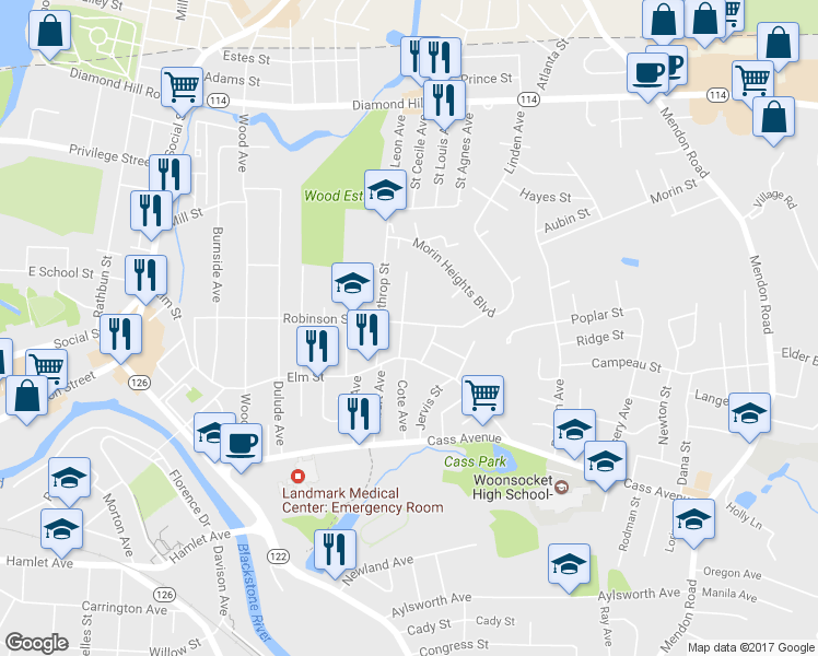 map of restaurants, bars, coffee shops, grocery stores, and more near 61 Rutland Street in Woonsocket