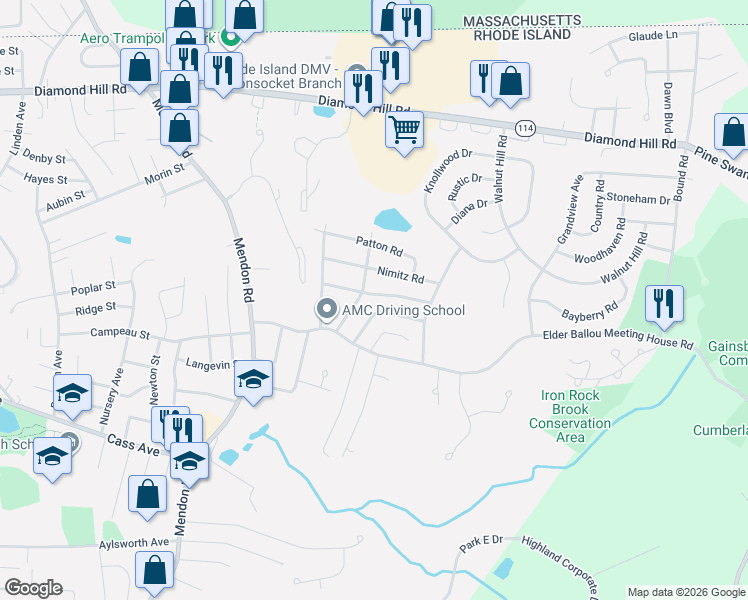 map of restaurants, bars, coffee shops, grocery stores, and more near 119 Marshall Road in Woonsocket