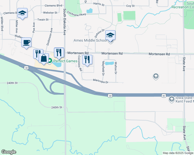map of restaurants, bars, coffee shops, grocery stores, and more near 4215 Maricopa Drive in Ames