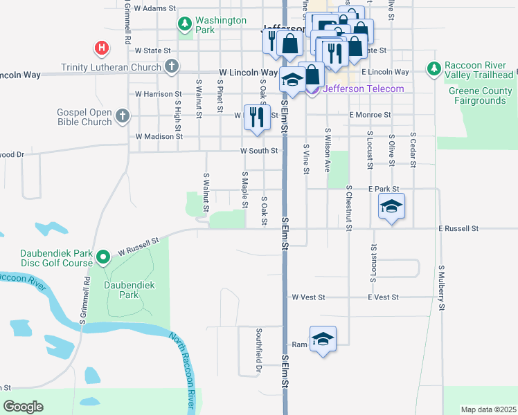 map of restaurants, bars, coffee shops, grocery stores, and more near 707 South Oak Street in Jefferson