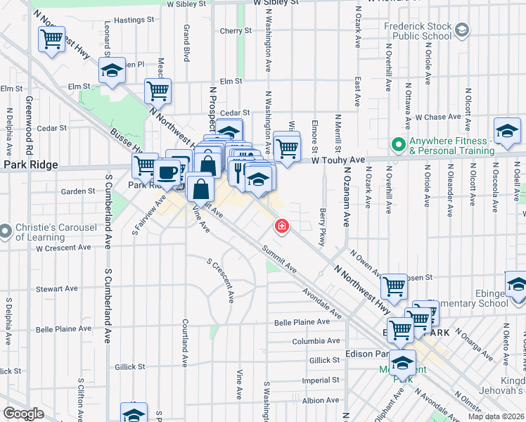 map of restaurants, bars, coffee shops, grocery stores, and more near 320 South Washington Avenue in Park Ridge