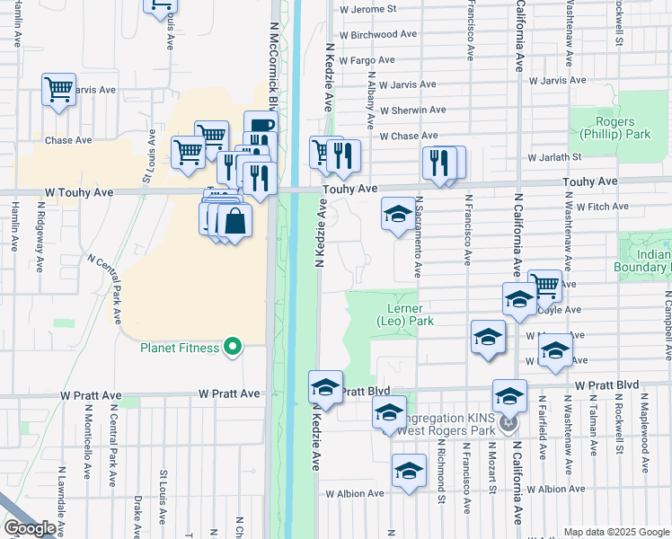 map of restaurants, bars, coffee shops, grocery stores, and more near 7033 North Kedzie Avenue in Chicago