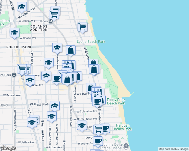 map of restaurants, bars, coffee shops, grocery stores, and more near 1147 West Lunt Avenue in Chicago