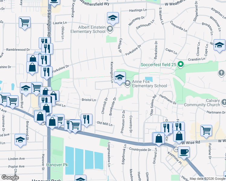 map of restaurants, bars, coffee shops, grocery stores, and more near 1107 Parkview Dr in Hanover Park