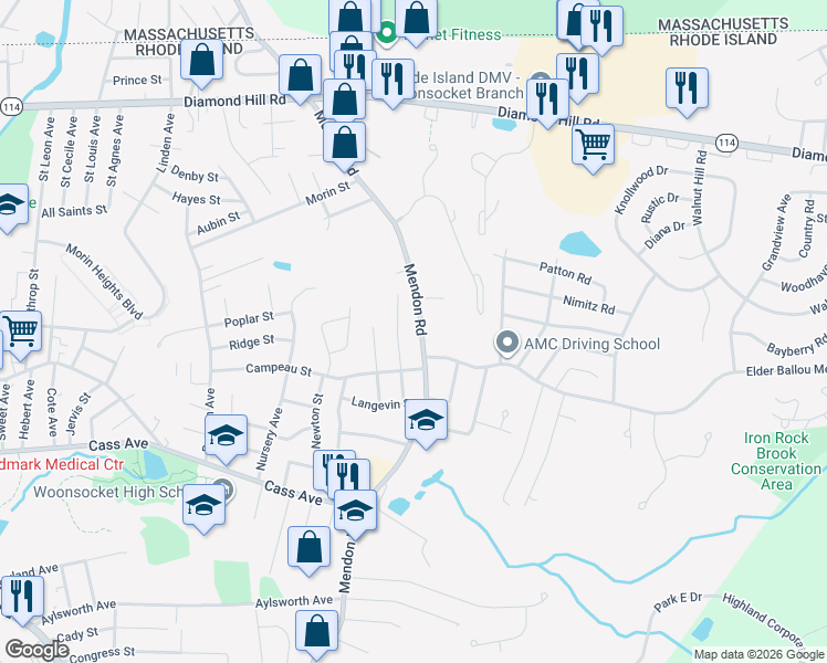 map of restaurants, bars, coffee shops, grocery stores, and more near 147 Papineau Avenue in Woonsocket