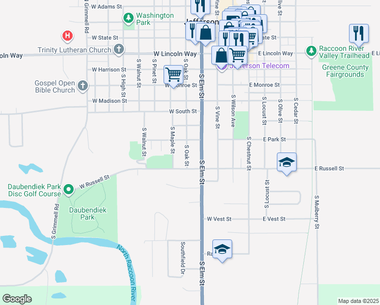 map of restaurants, bars, coffee shops, grocery stores, and more near 707 South Oak Street in Jefferson